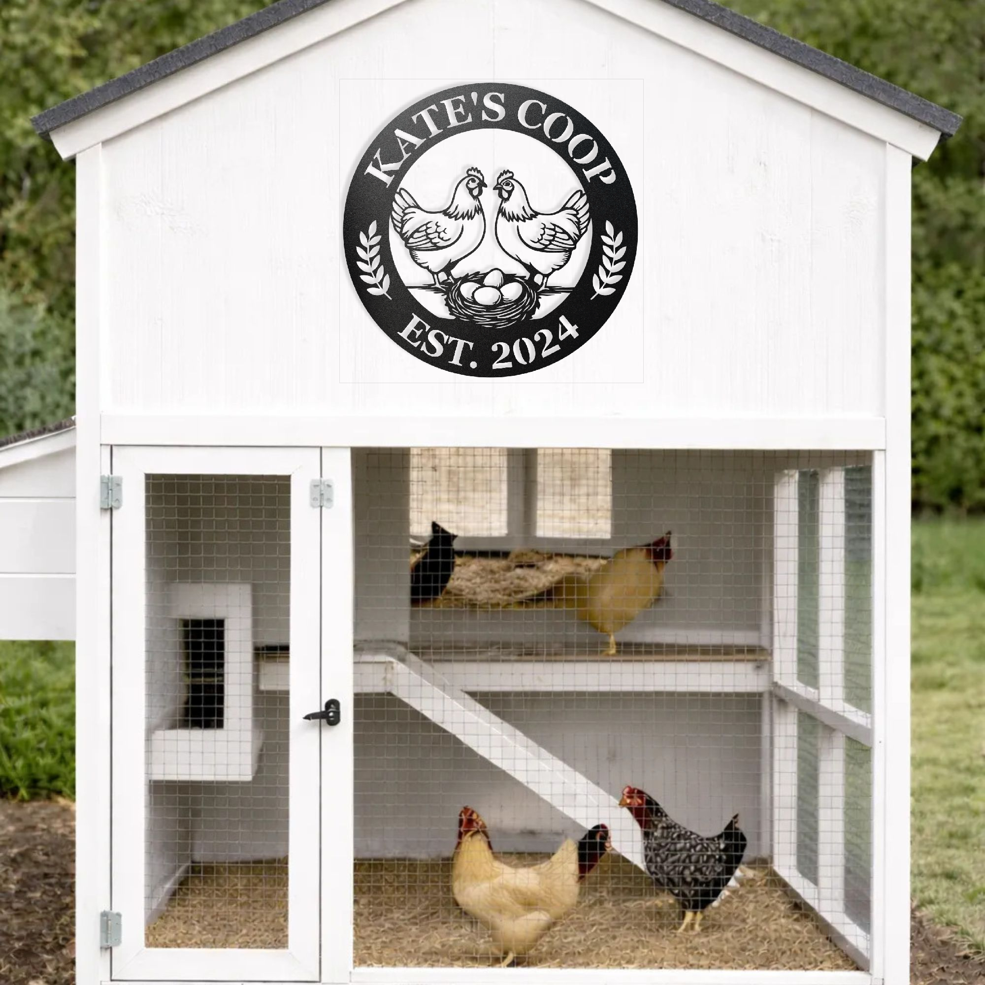 Outdoor metal hen house sign on chicken coop door