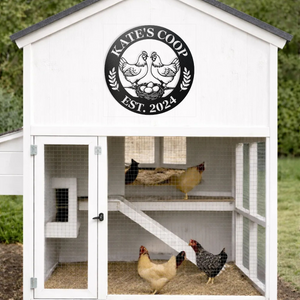 Outdoor metal hen house sign on chicken coop door