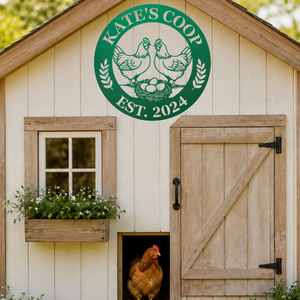 Outdoor metal hen house sign on chicken coop door in green