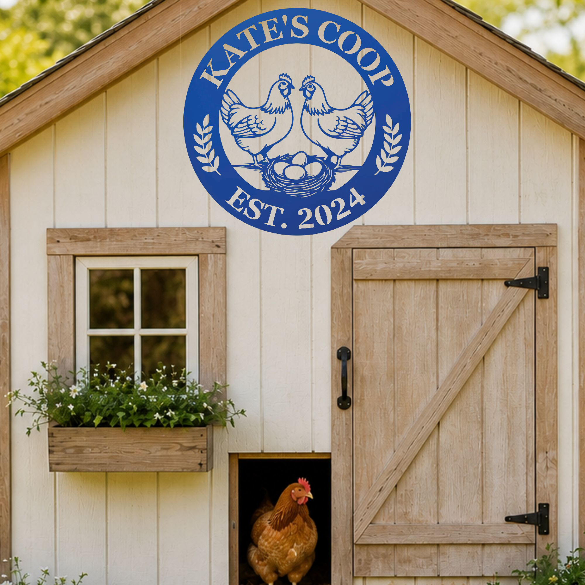 Durable outdoor chicken coop sign in blue