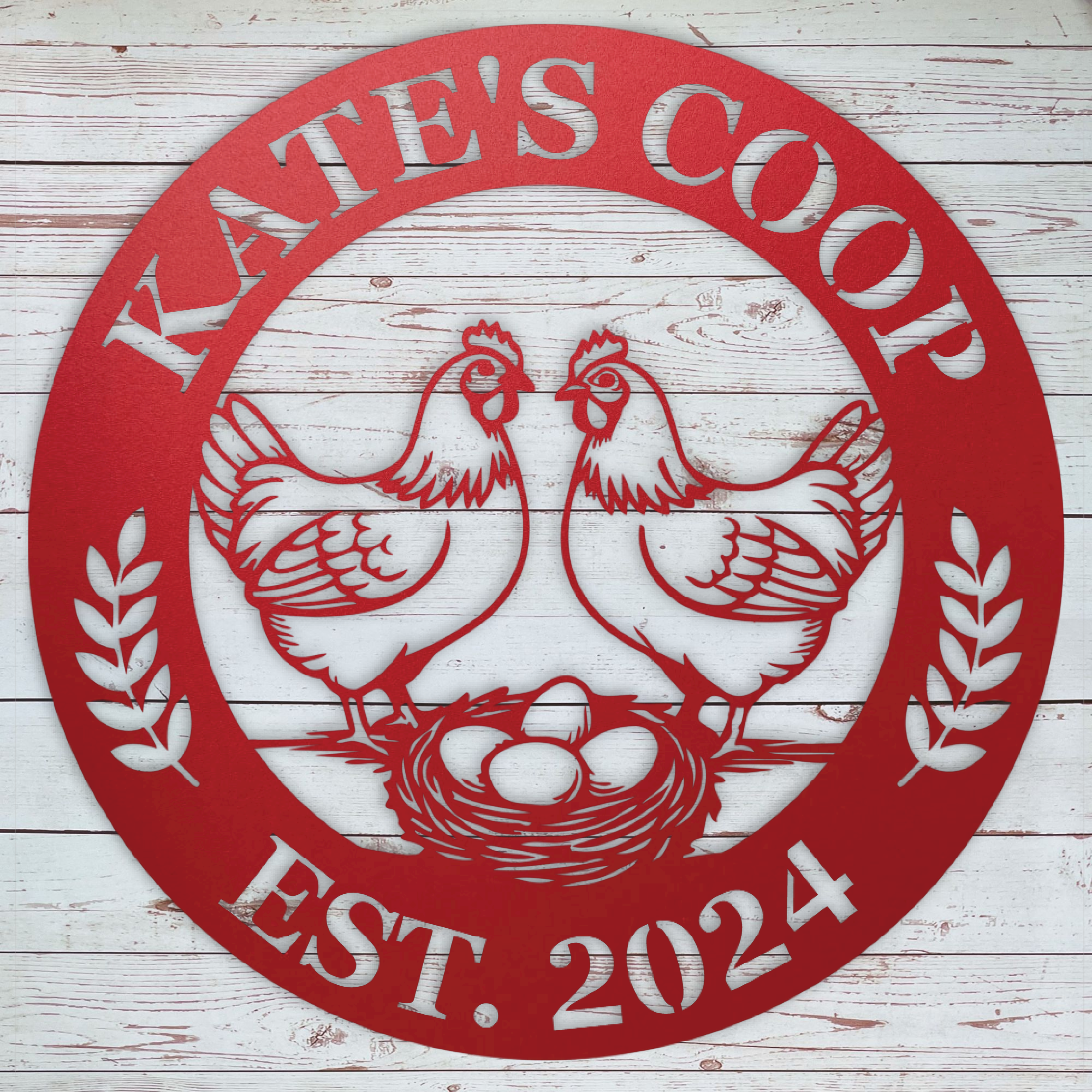 Metal chicken sign for garden fence or coop
