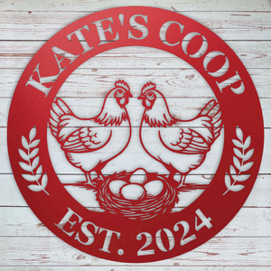 Metal chicken sign for garden fence or coop