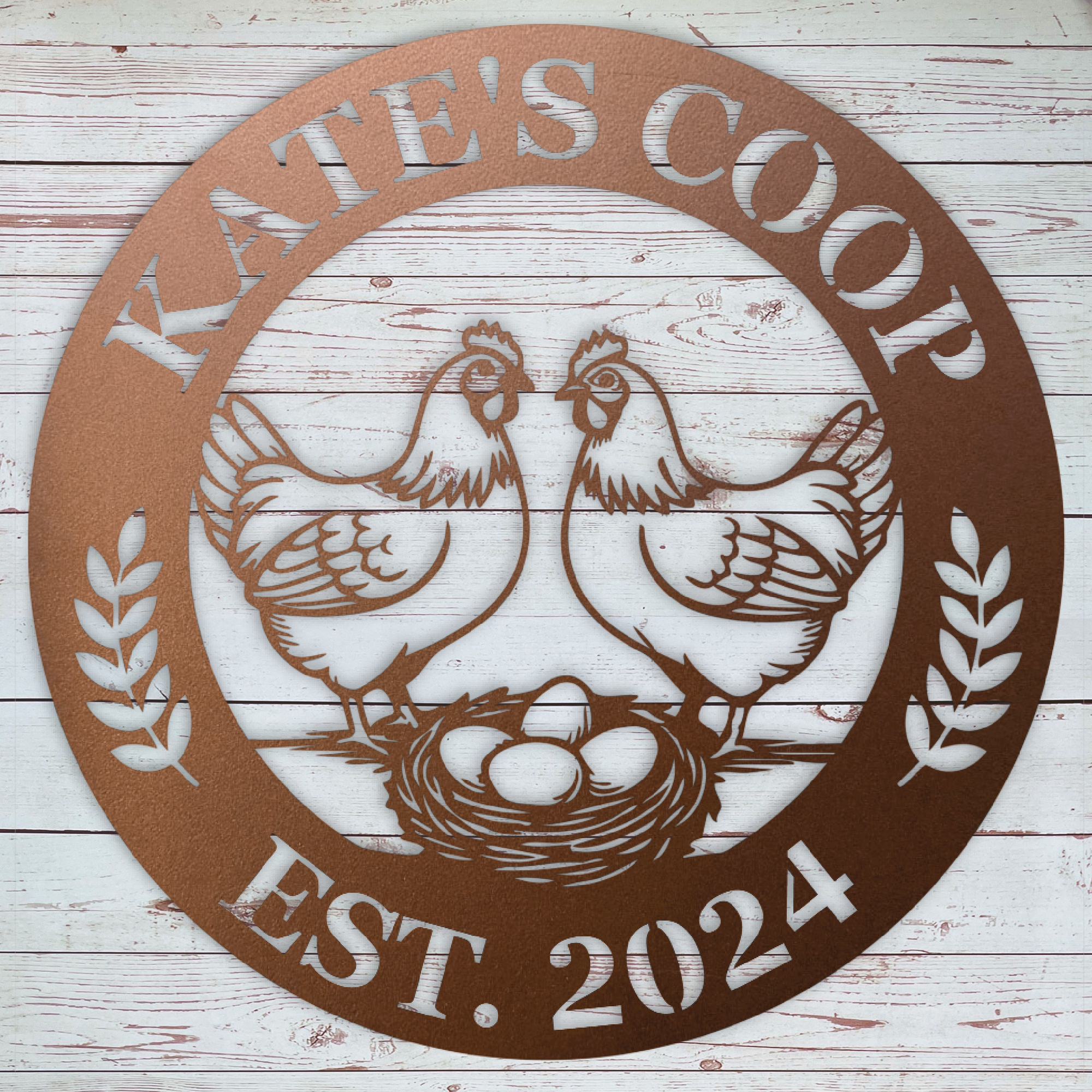 Custom metal coop sign with chicken design