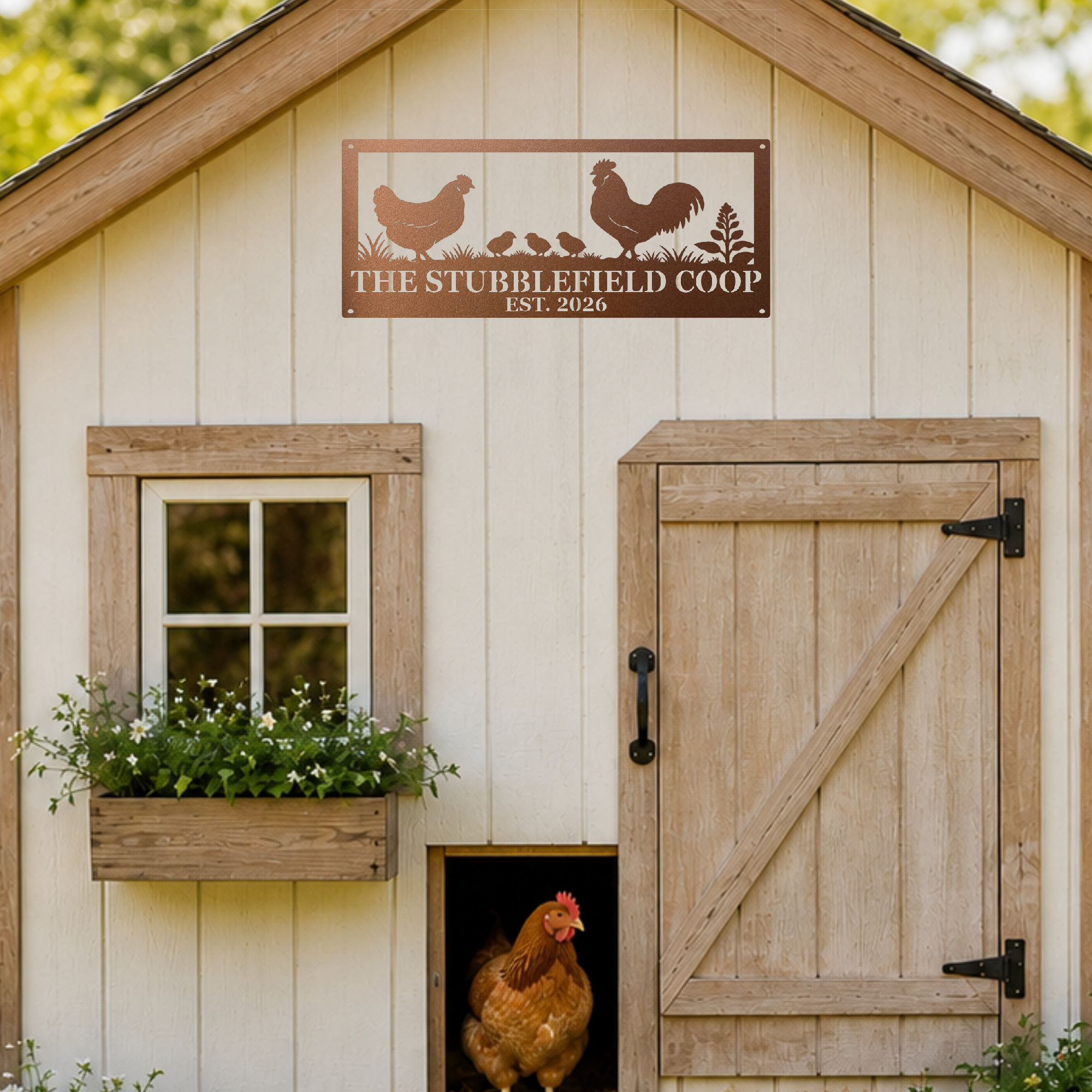 personalized rooster, hen and chicks metal sign with custom family flock name
