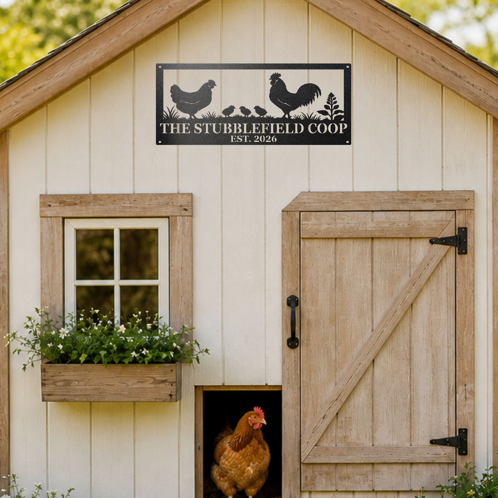 Black chicken family metal sign displayed on a backyard chicken house with personalized name