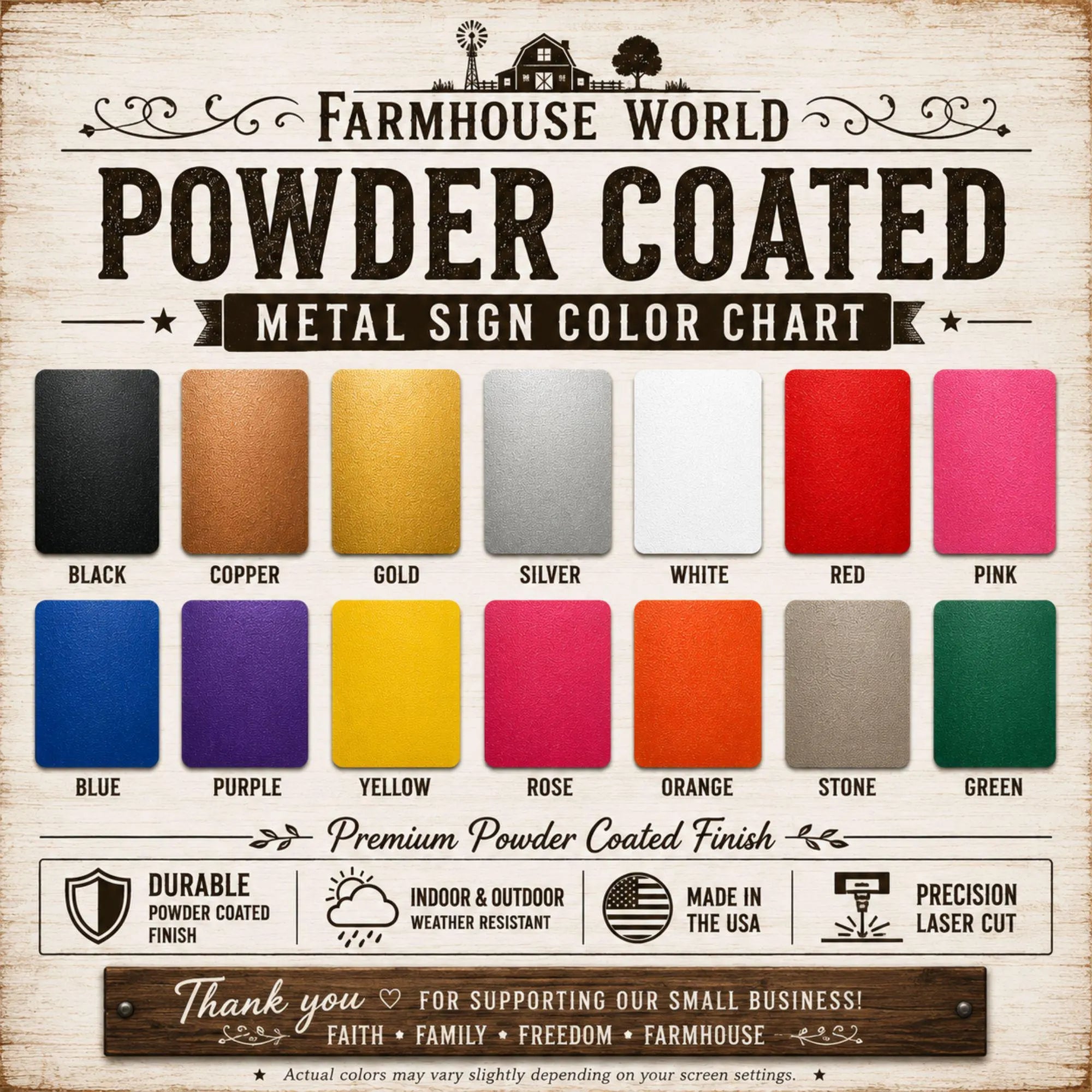 A color chart graphic for farmhouse world powder coated metal sign colors, showing multiple color swatches including black, copper, gold, silver, white, red, pink, blue, purple, yellow, rose, orange, stone, and green with labels on a rustic cream background.
