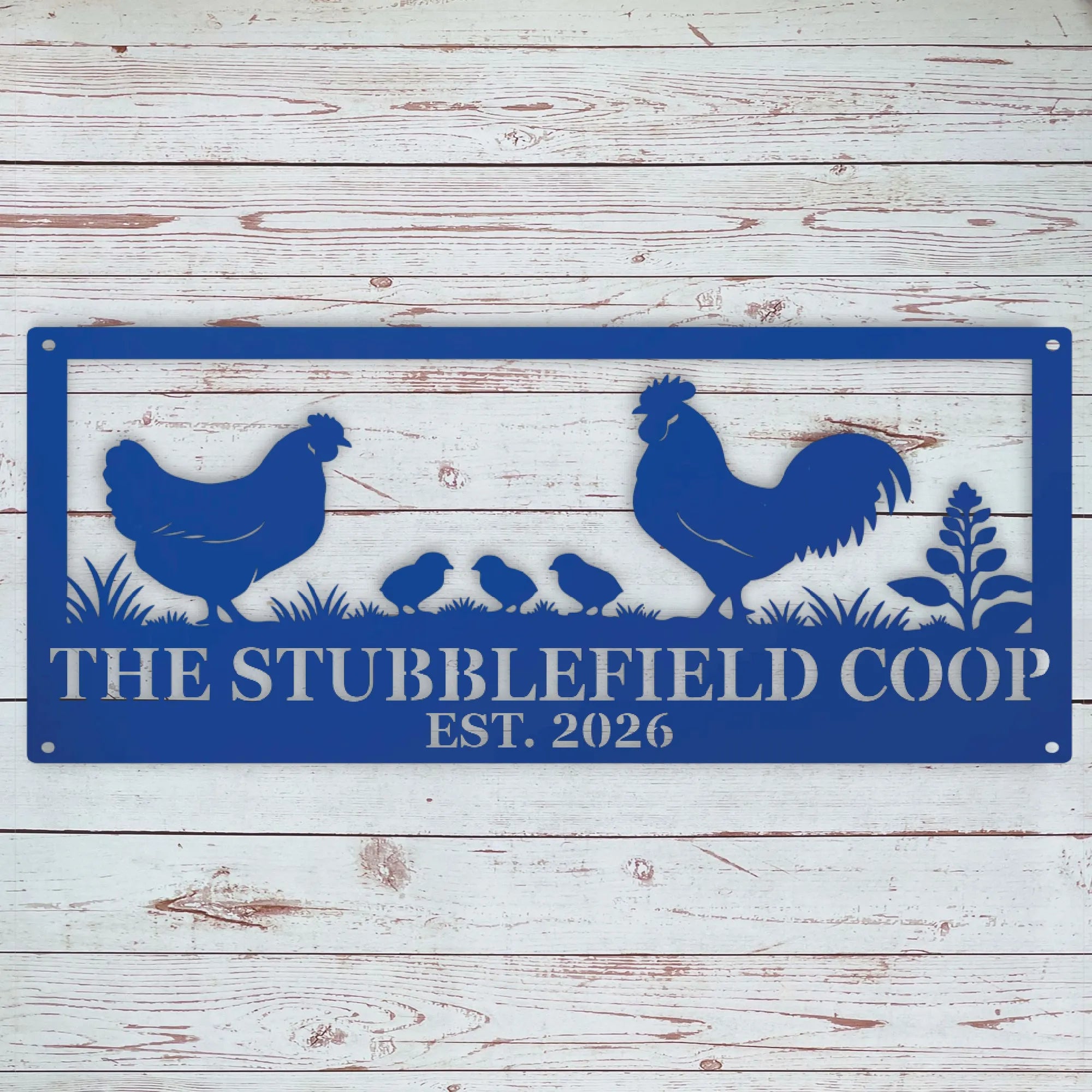 Blue personalized rooster, hen and chicks metal sign with custom family flock name
