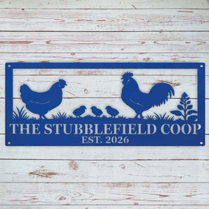 Blue personalized rooster, hen and chicks metal sign with custom family flock name