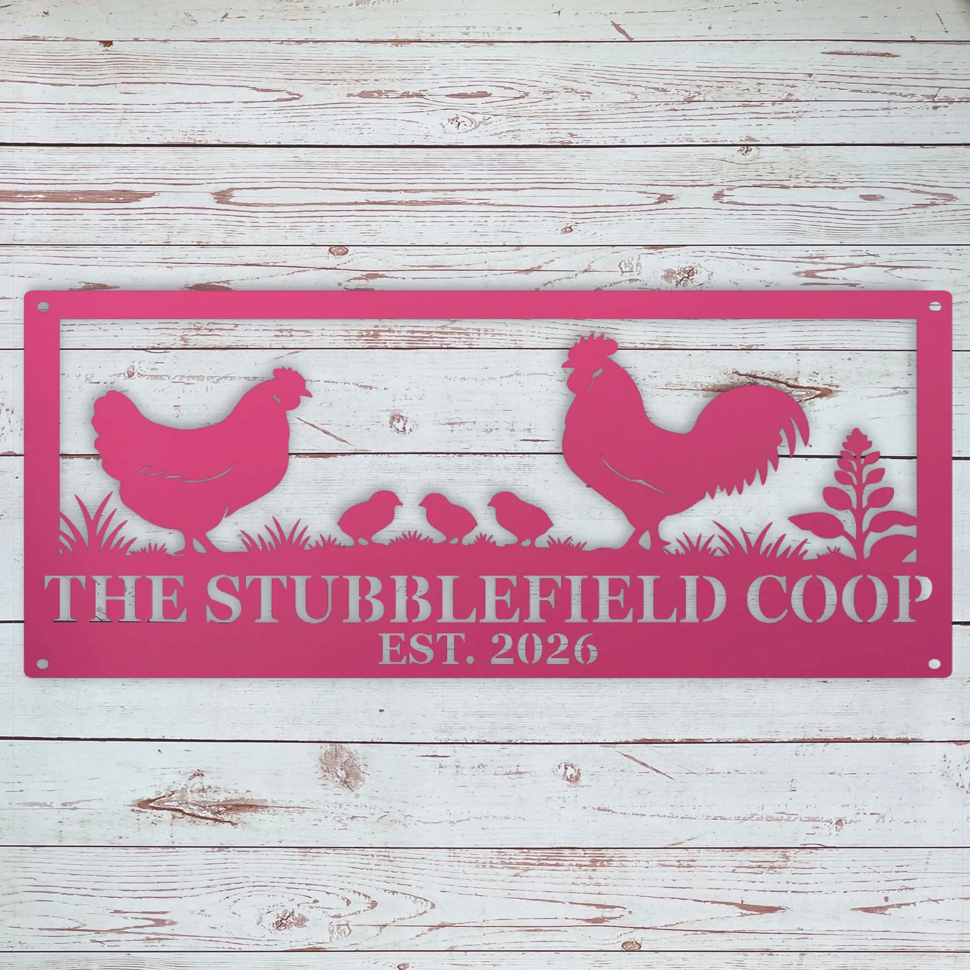 A rectangular pink metal wall sign with a chicken, rooster, chicks, and plant silhouette, plus the text 'THE STUBBLEFIELD COOP EST. 2026,' shown against a whitewashed wood plank background.