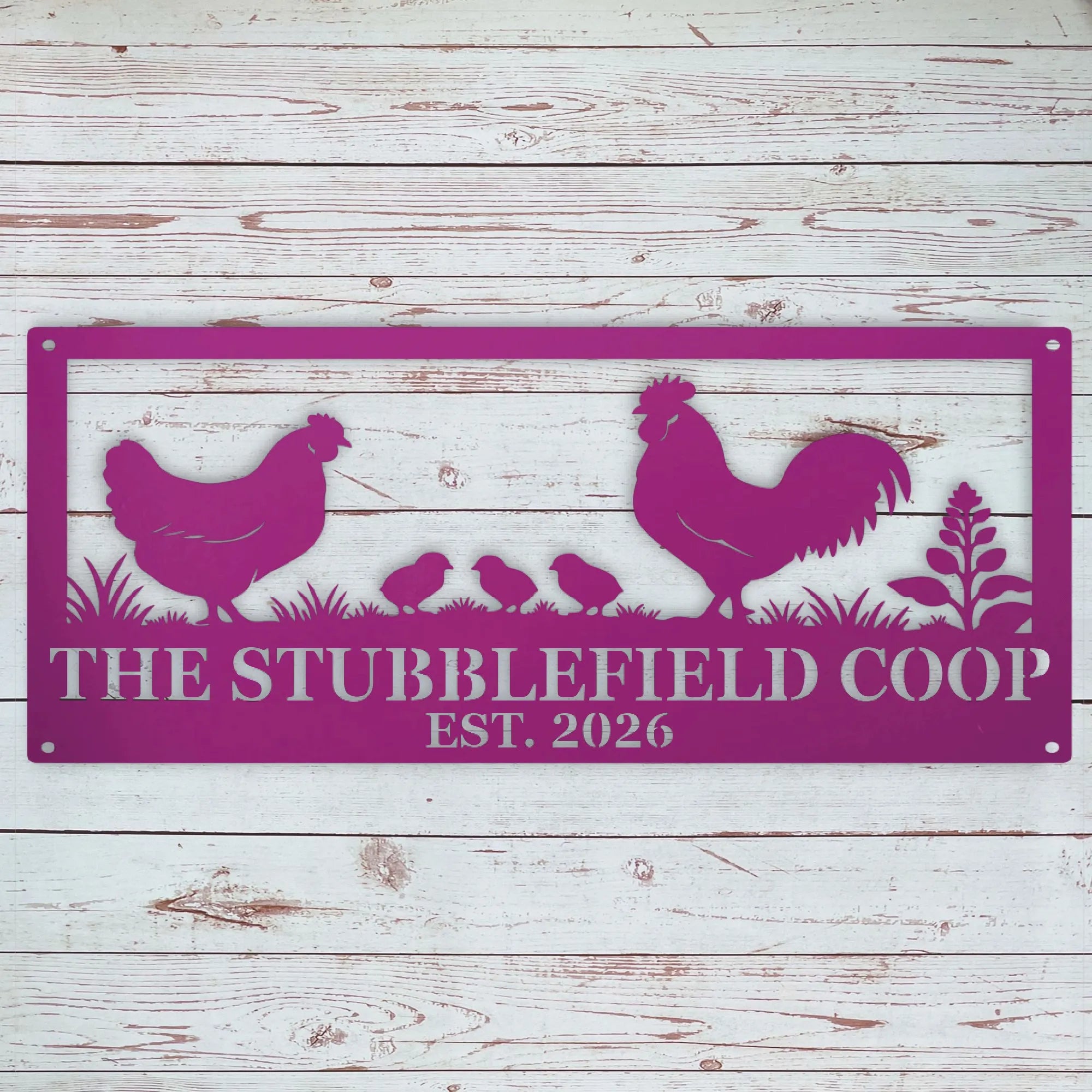 A rectangular metal sign with a magenta purple background and silhouette cutouts of a rooster, hen, two chicks, and plants. The sign reads 'THE STUBBLEFIELD COOP EST.
