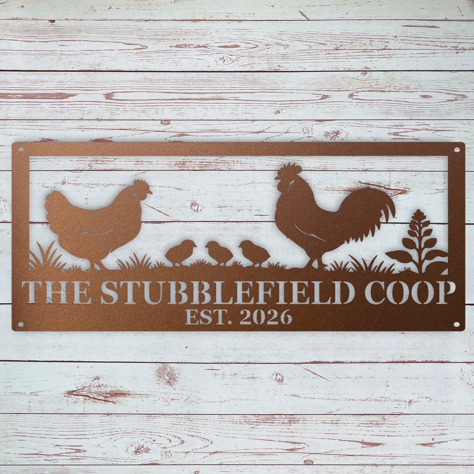 Close-up of precision-cut rooster, hen and chicks details on a powder-coated steel sign