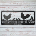 Custom chicken family metal sign with rooster, hen, chicks, personalized flock name and established year