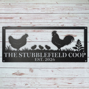 Custom chicken family metal sign with rooster, hen, chicks, personalized flock name and established year