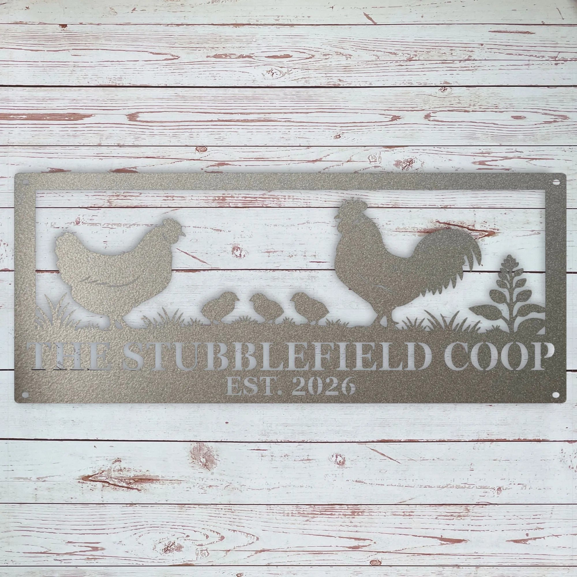 A rectangular metal sign with a rustic chicken and rooster silhouette design, featuring the text 'THE STUBBLEFIELD COOP EST. 2026' on a whitewashed wood plank background.