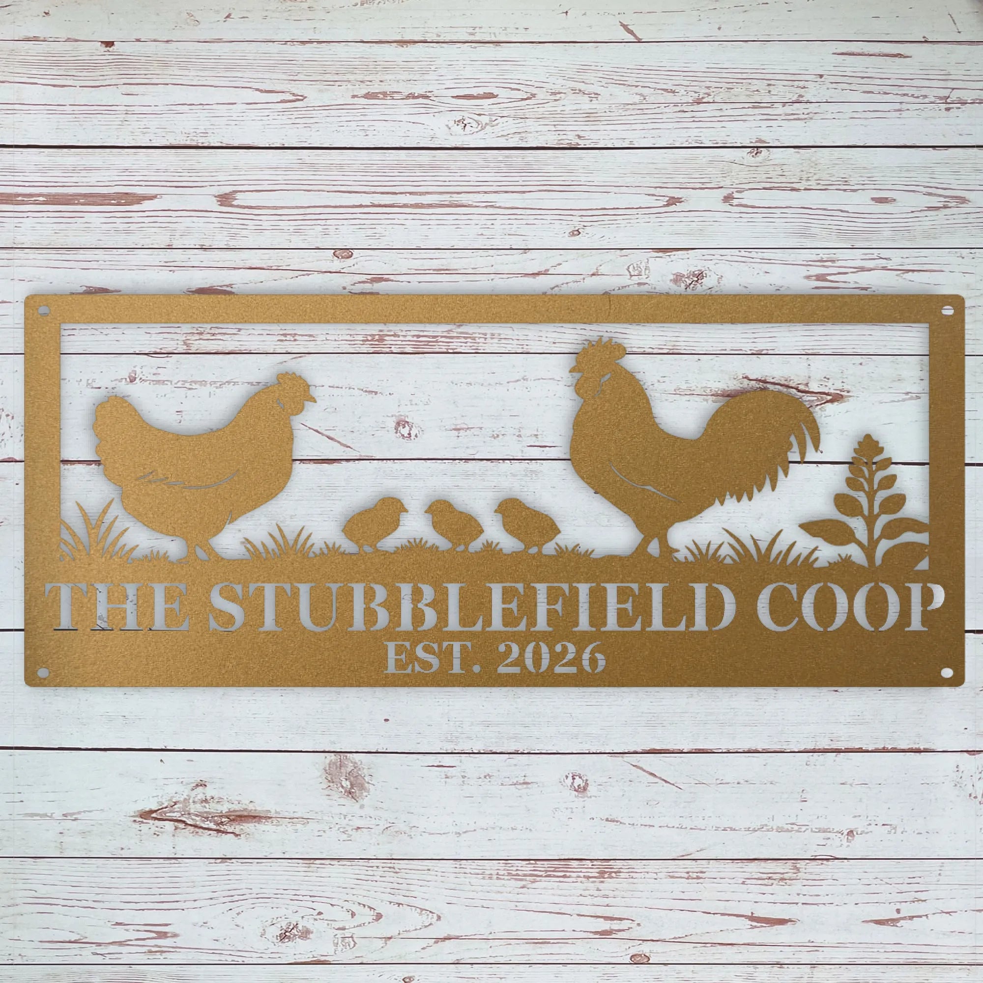 Custom chicken keeper gift featuring a personalized rooster, hen and chicks metal sign