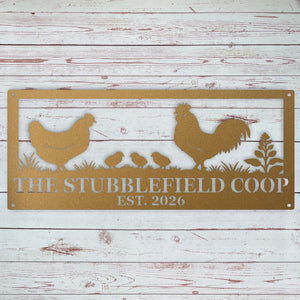 Custom chicken keeper gift featuring a personalized rooster, hen and chicks metal sign