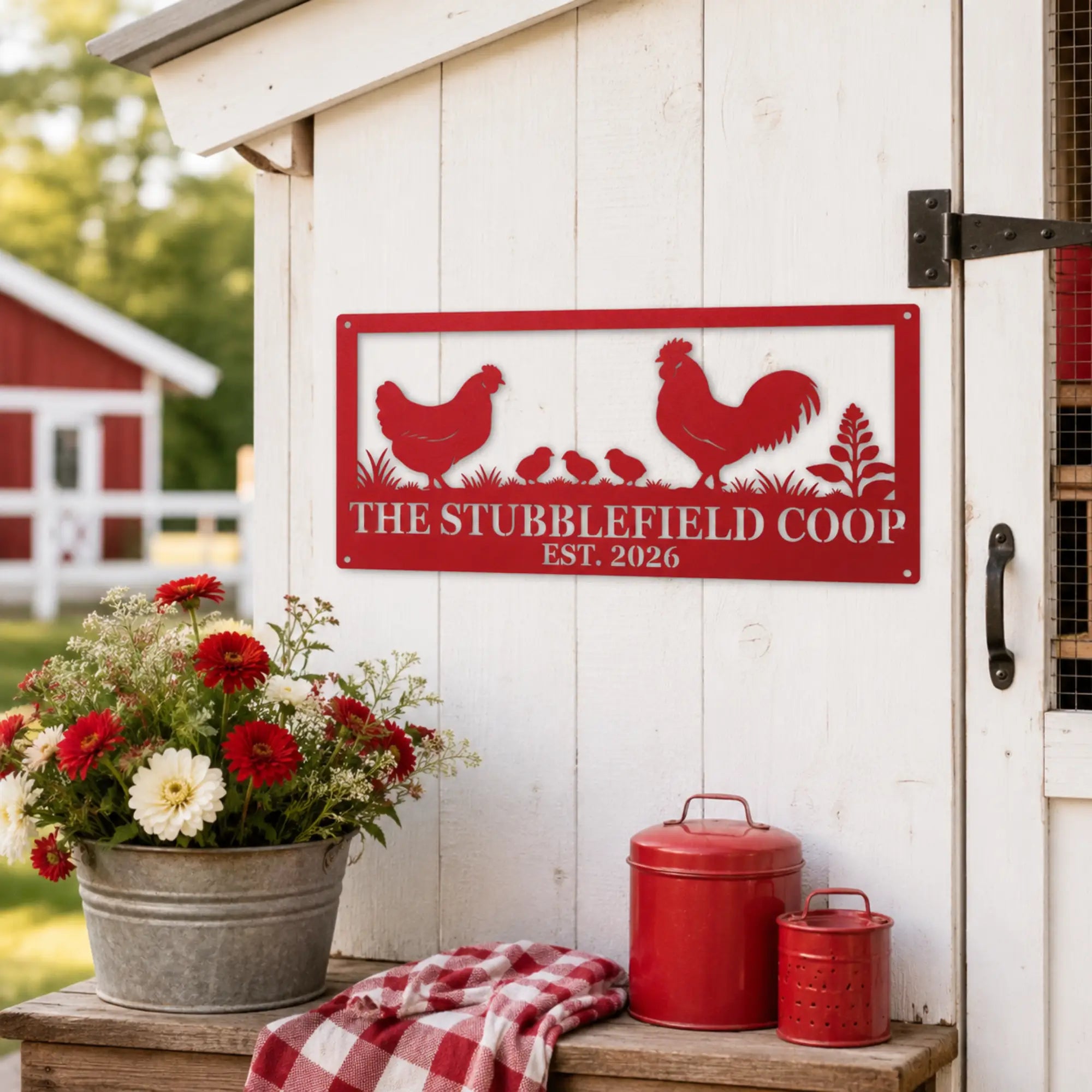 Personalized red chicken family metal sign gift for backyard chicken keepers and homesteaders
