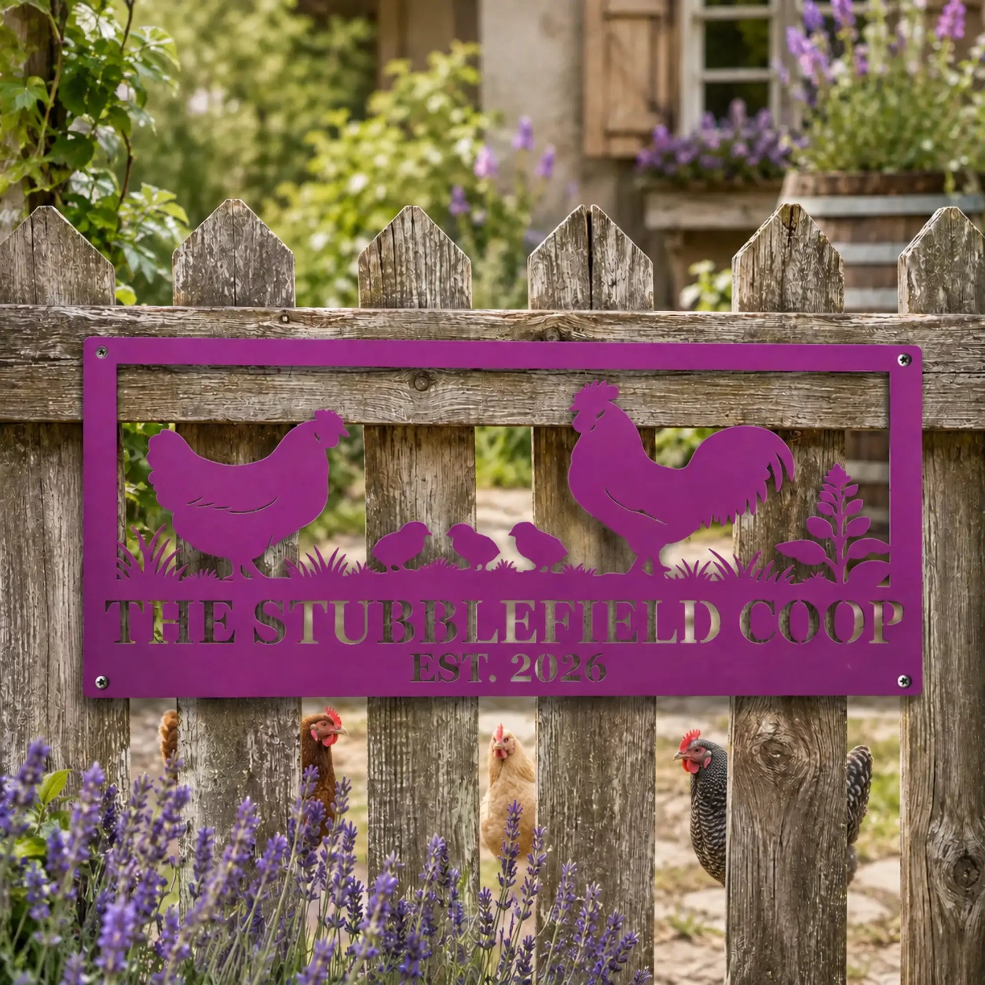 A rectangular purple metal garden sign with chicken silhouettes with custom name and date, mounted on a wooden fence in a garden with chickens and lavender visible.
