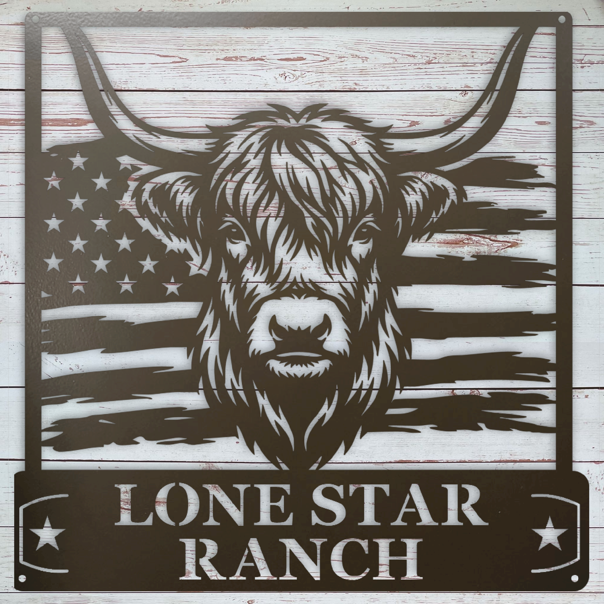 Metal sign with a Highland Cow and American flag design, featuring 'Lone Star Ranch' text that can be personalized with any text.