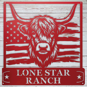 Outdoor Highland cow metal sign for barn entryway fence or homestead