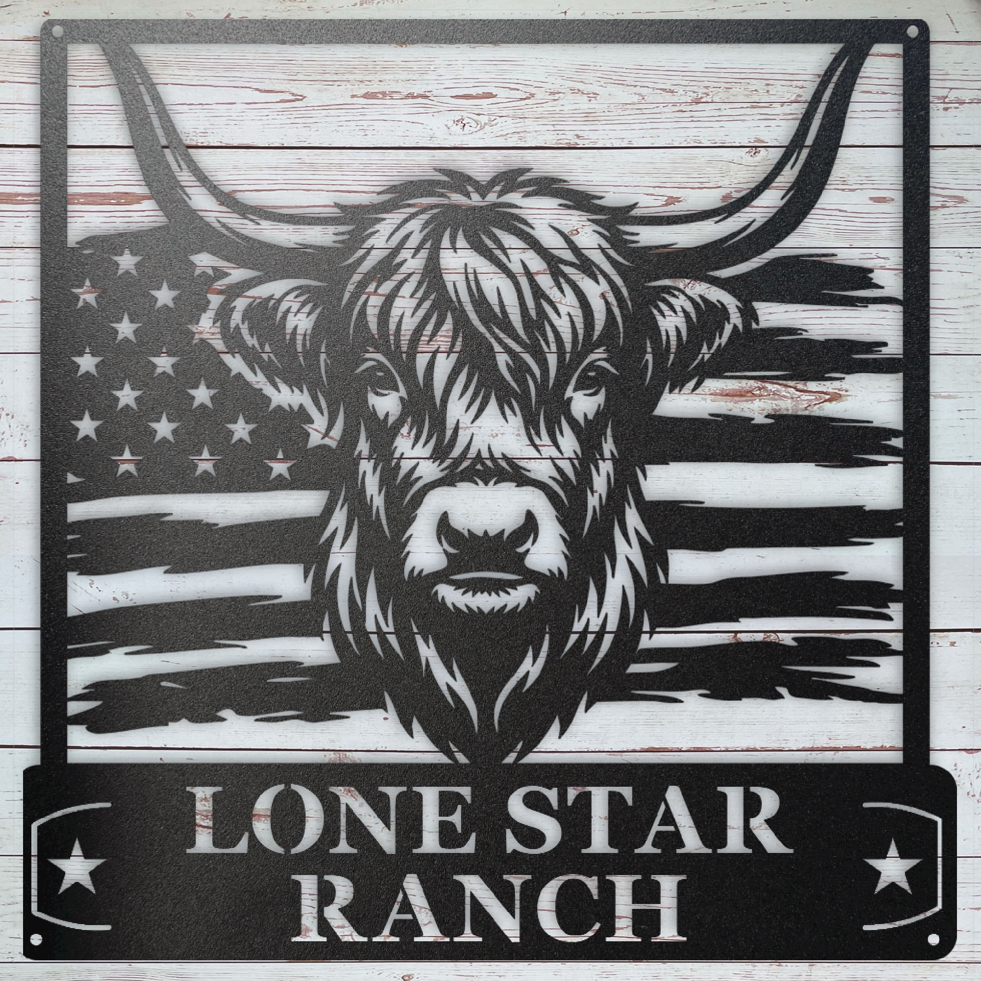 Custom Highland cow metal sign with personalized ranch name and American flag background