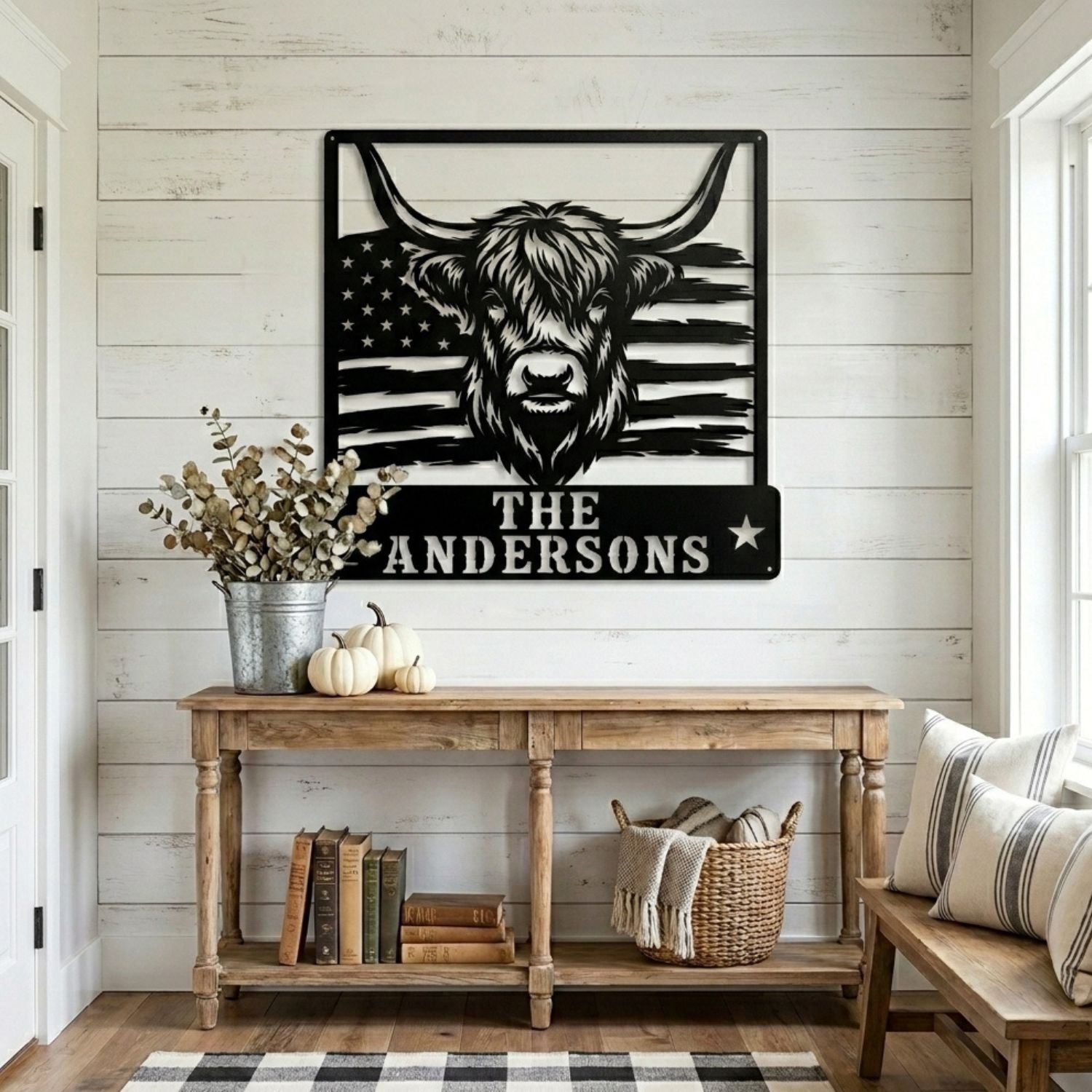 Custom farm sign with Highland cow artwork and patriotic American flag design