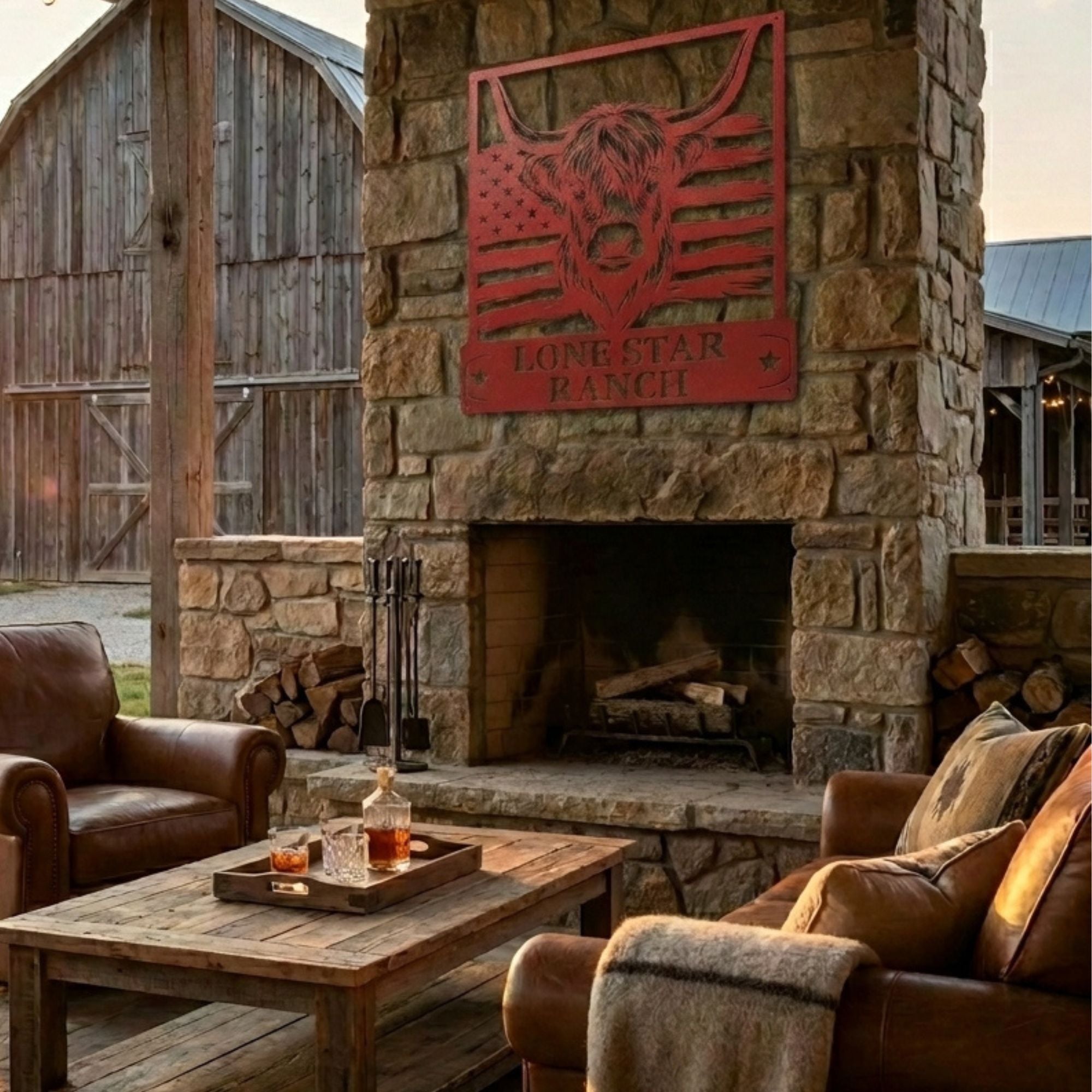 Custom patriotic ranch sign with Highland cow and American flag background