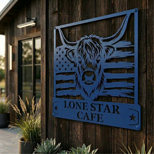 Highland cow farm sign shown as custom metal wall decor