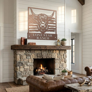 Living room with stone fireplace, leather couch, and 'Lone Star Ranch' decor.