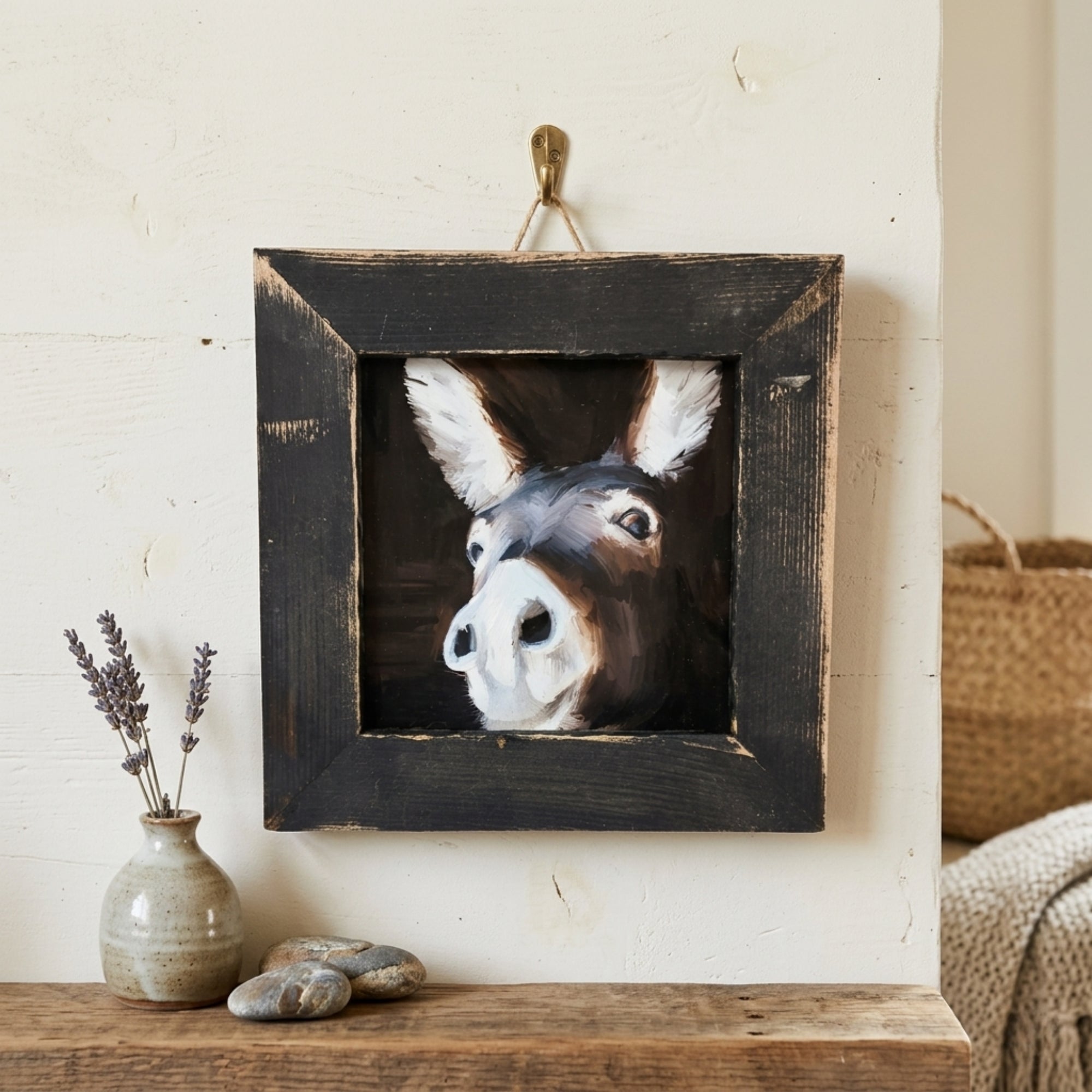 Framed painting of a donkey on a wooden shelf with decorative items.