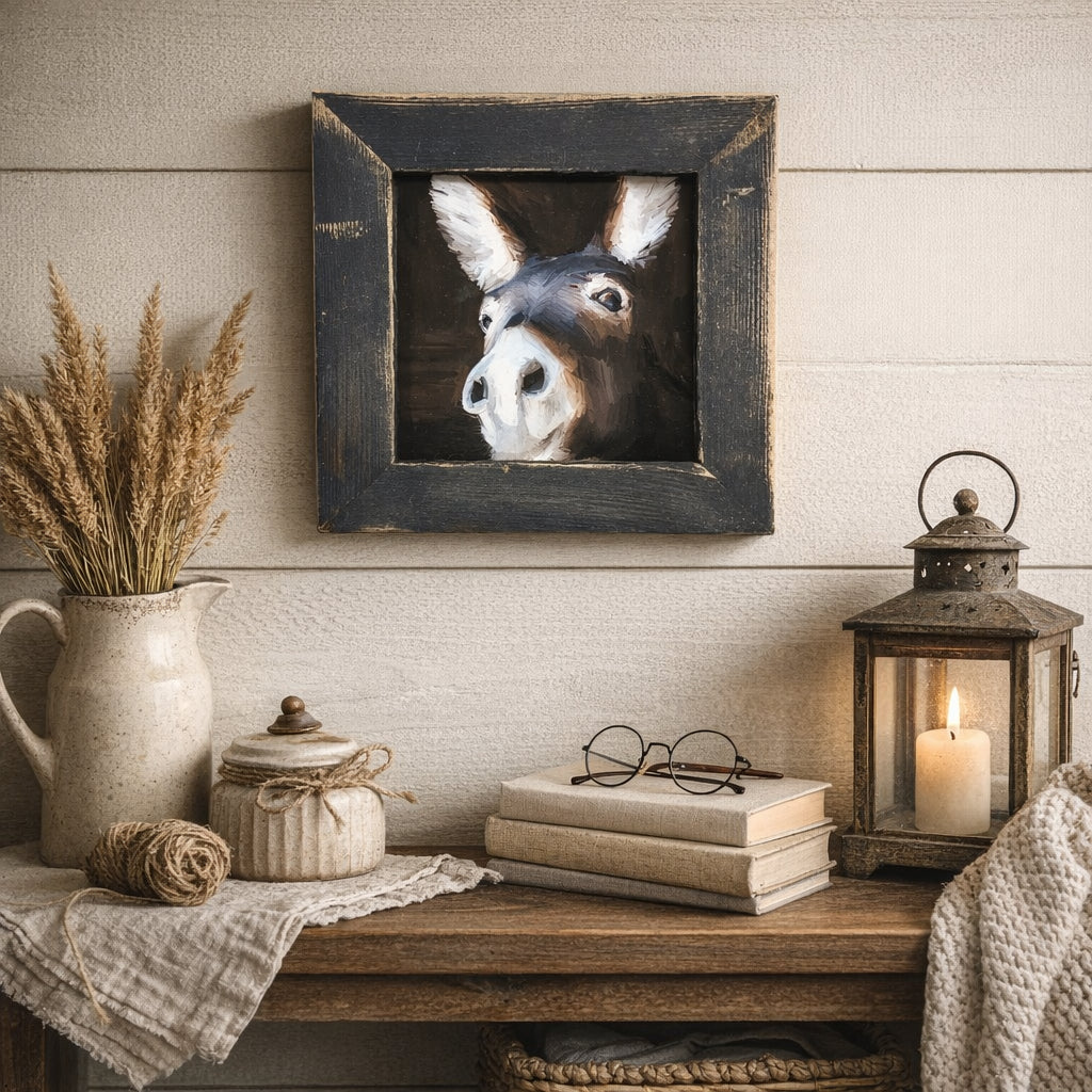 Decorative setting with a framed donkey portrait, lantern, books, and pitcher on a wooden surface.