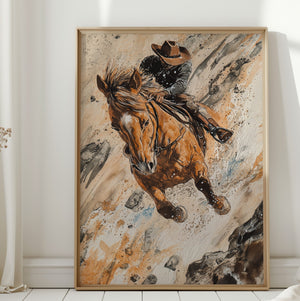 Downhill Cowboy Canvas | Western Action Horseback Painting | Farmhouse World