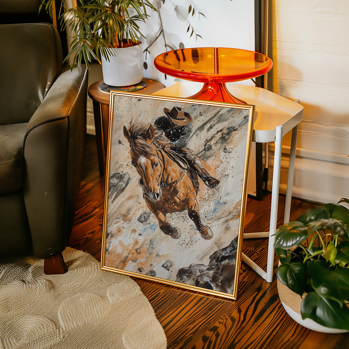 Downhill Cowboy Canvas | Western Action Horseback Painting | Farmhouse World