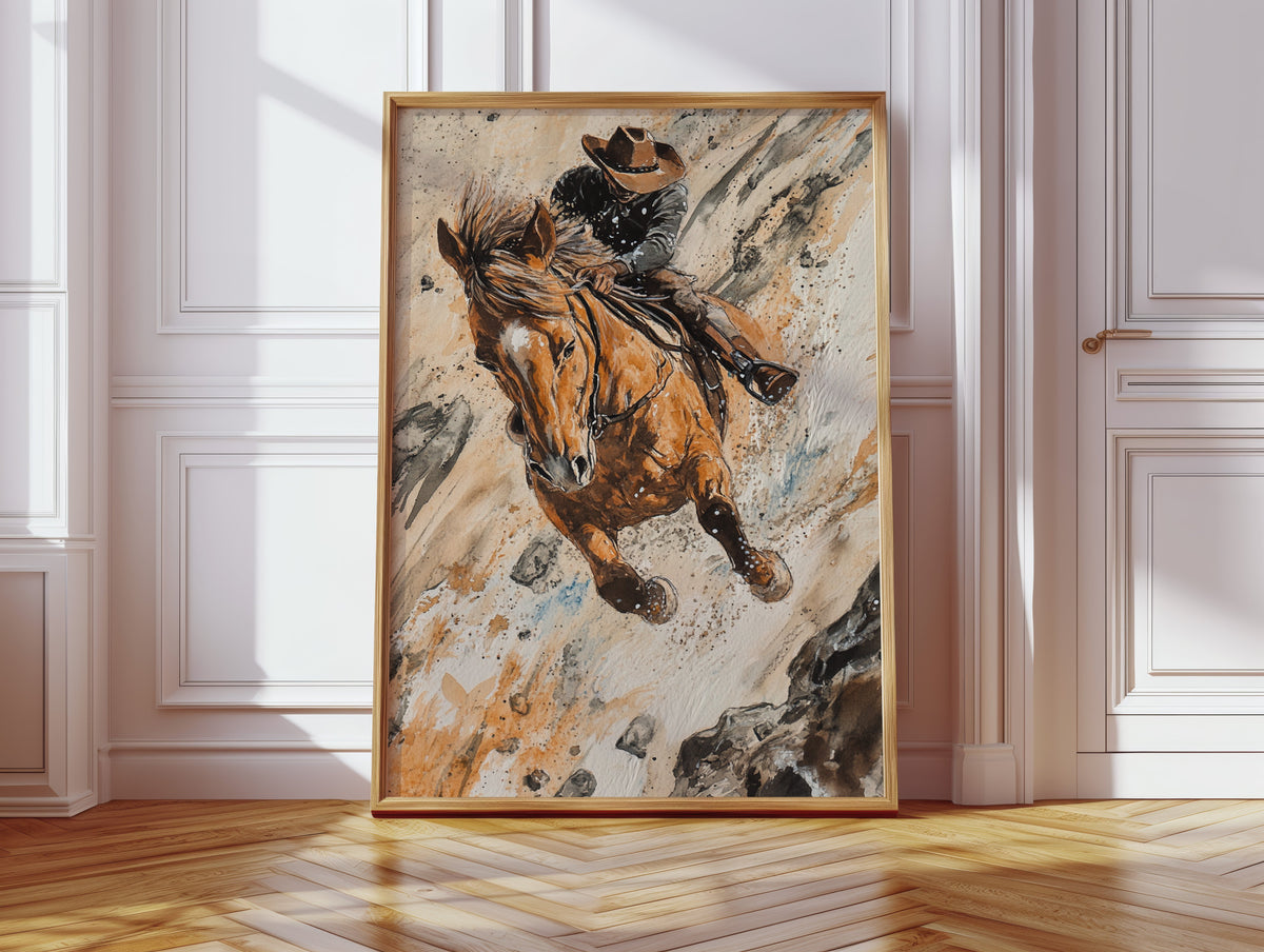 Downhill Cowboy Canvas | Western Action Horseback Painting | Farmhouse World
