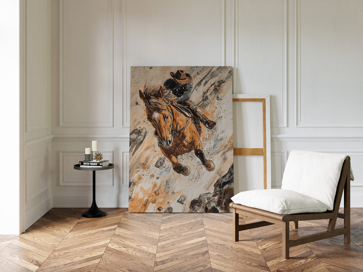 Downhill Cowboy Canvas | Western Action Horseback Painting | Farmhouse World