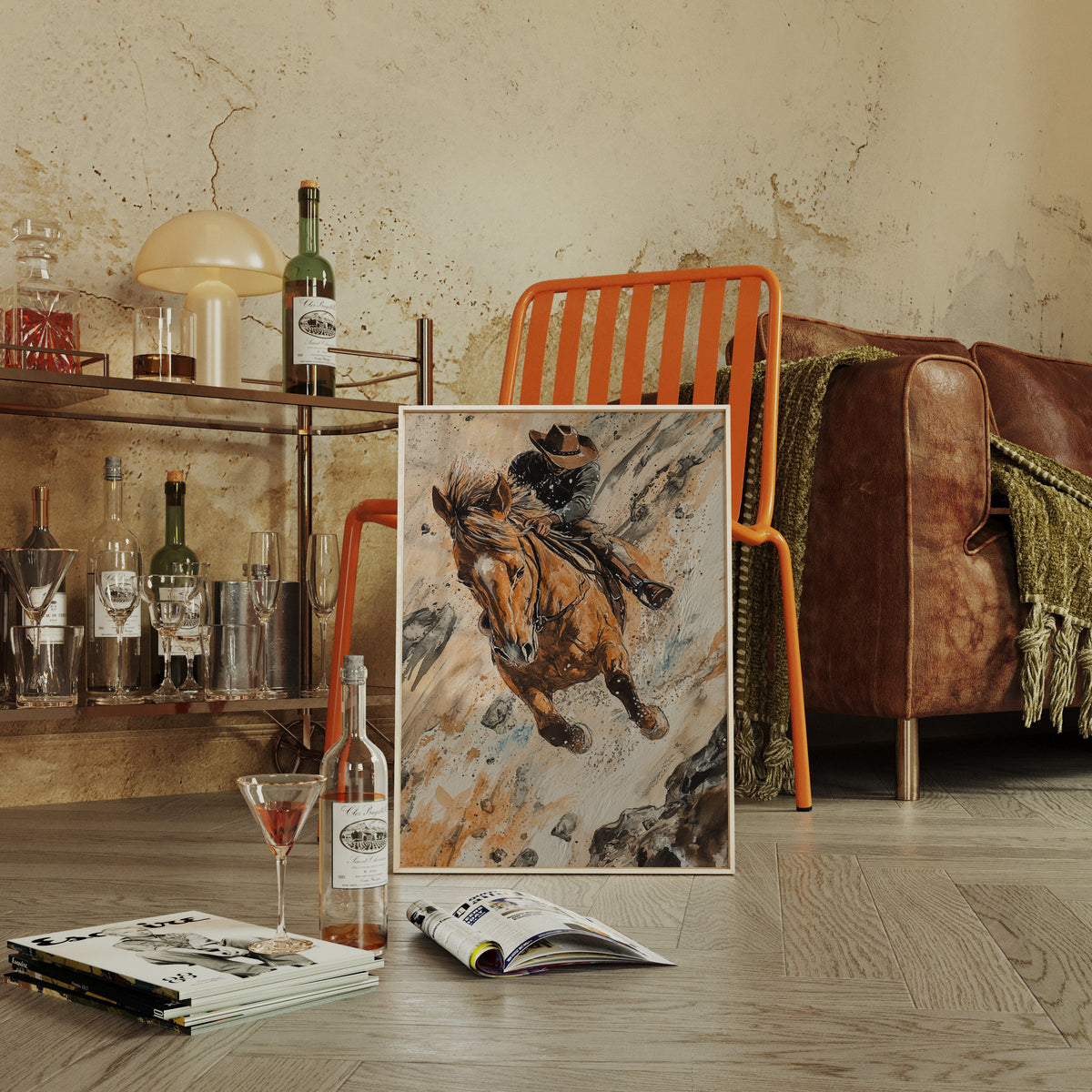 Downhill Cowboy Canvas | Western Action Horseback Painting | Farmhouse World