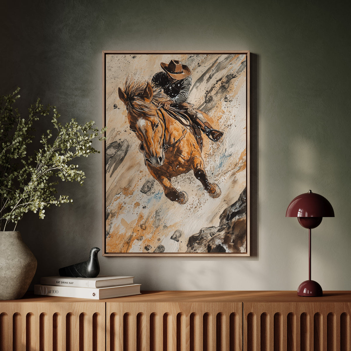 Downhill Cowboy Canvas | Western Action Horseback Painting | Farmhouse World