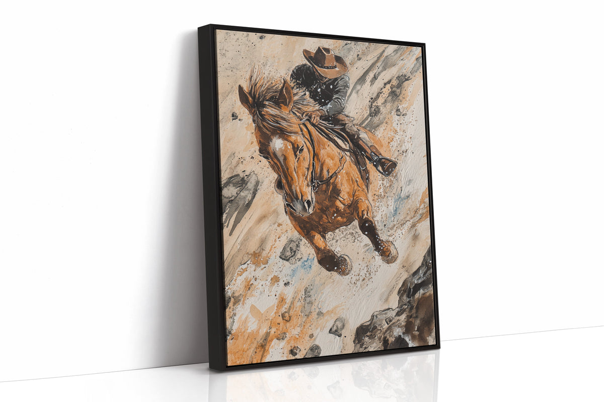 Downhill Cowboy Canvas | Western Action Horseback Painting | Farmhouse World