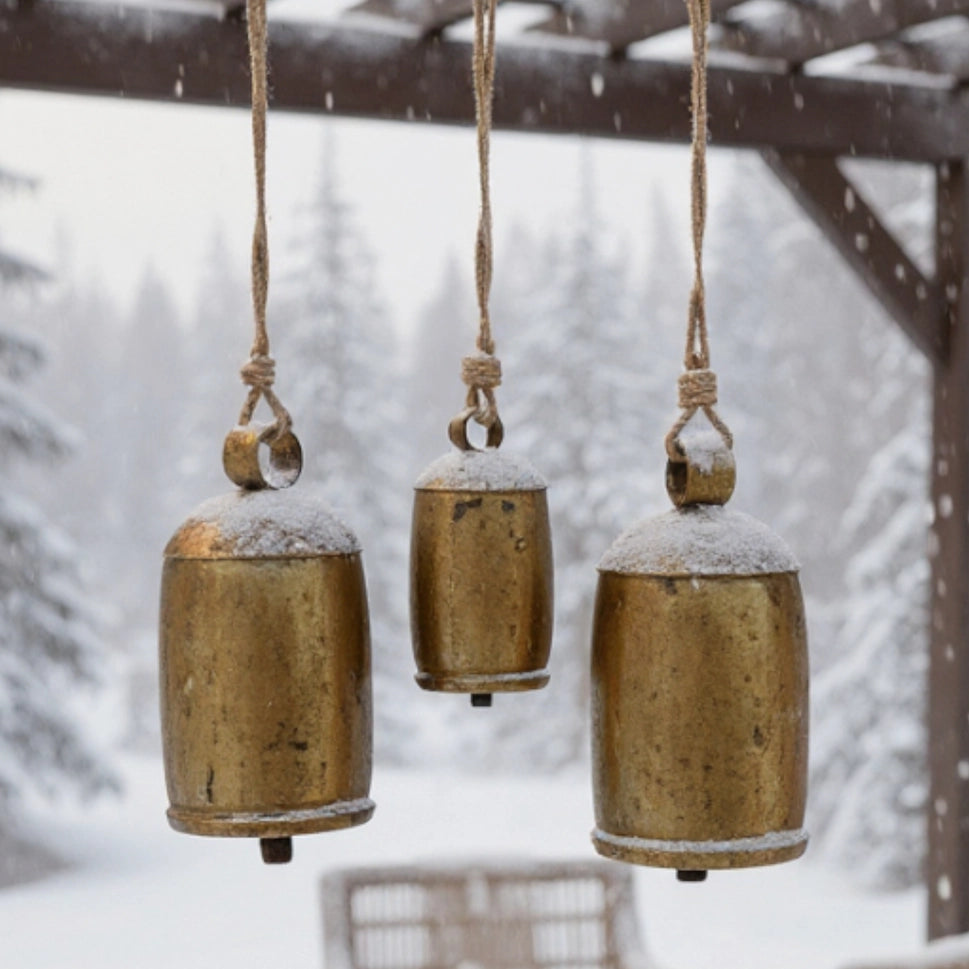 Set of three large gold cathedral bells vintage farmhouse Christmas decoration