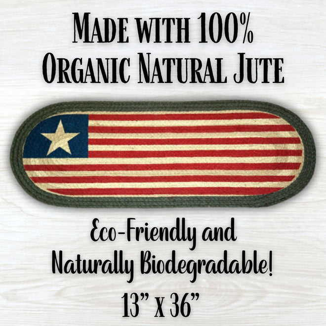 Rustic Flag Braided Oval Table Runner - 100% Natural Jute and Hand Stenciled