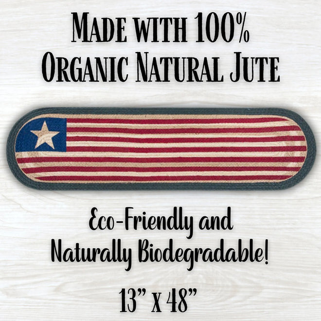 Rustic Flag Braided Oval Table Runner - 100% Natural Jute and Hand Stenciled