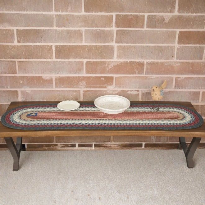Rustic Flag Braided Oval Table Runner - 100% Natural Jute and Hand Stenciled