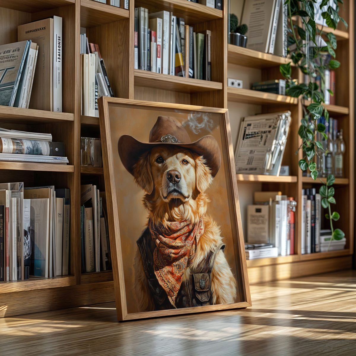 Golden Retriever Gunslinger in a Cowboy Hat | Western Wall Art | Farmhouse World