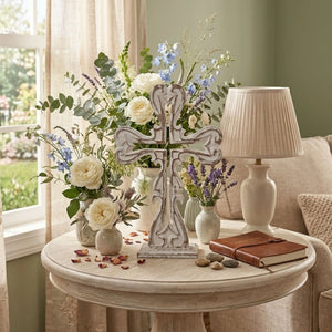 Farmhouse faith cross with distressed white finish and carved details
