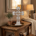 Rustic white wooden cross centerpiece for farmhouse table or mantel
