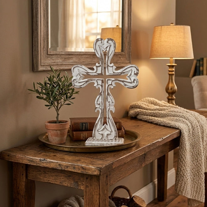 Rustic white wooden cross centerpiece for farmhouse table or mantel