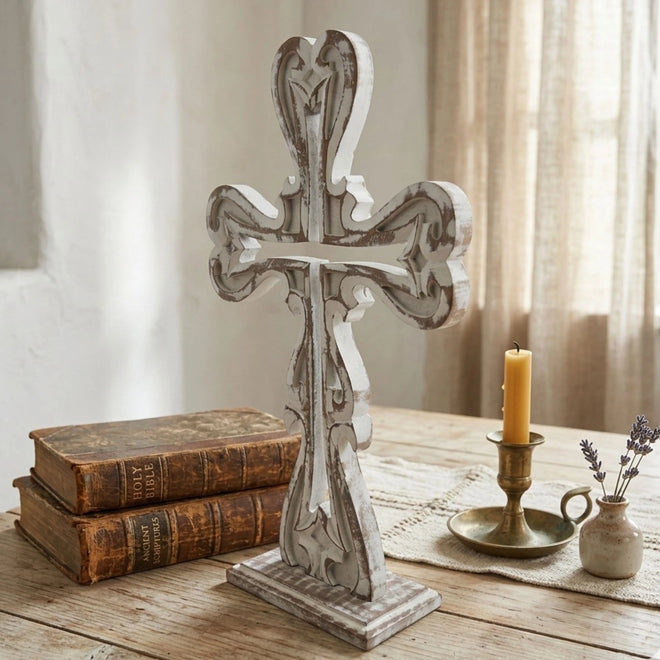 Large farmhouse cross 18.5 inch display for table, shelf, or entryway