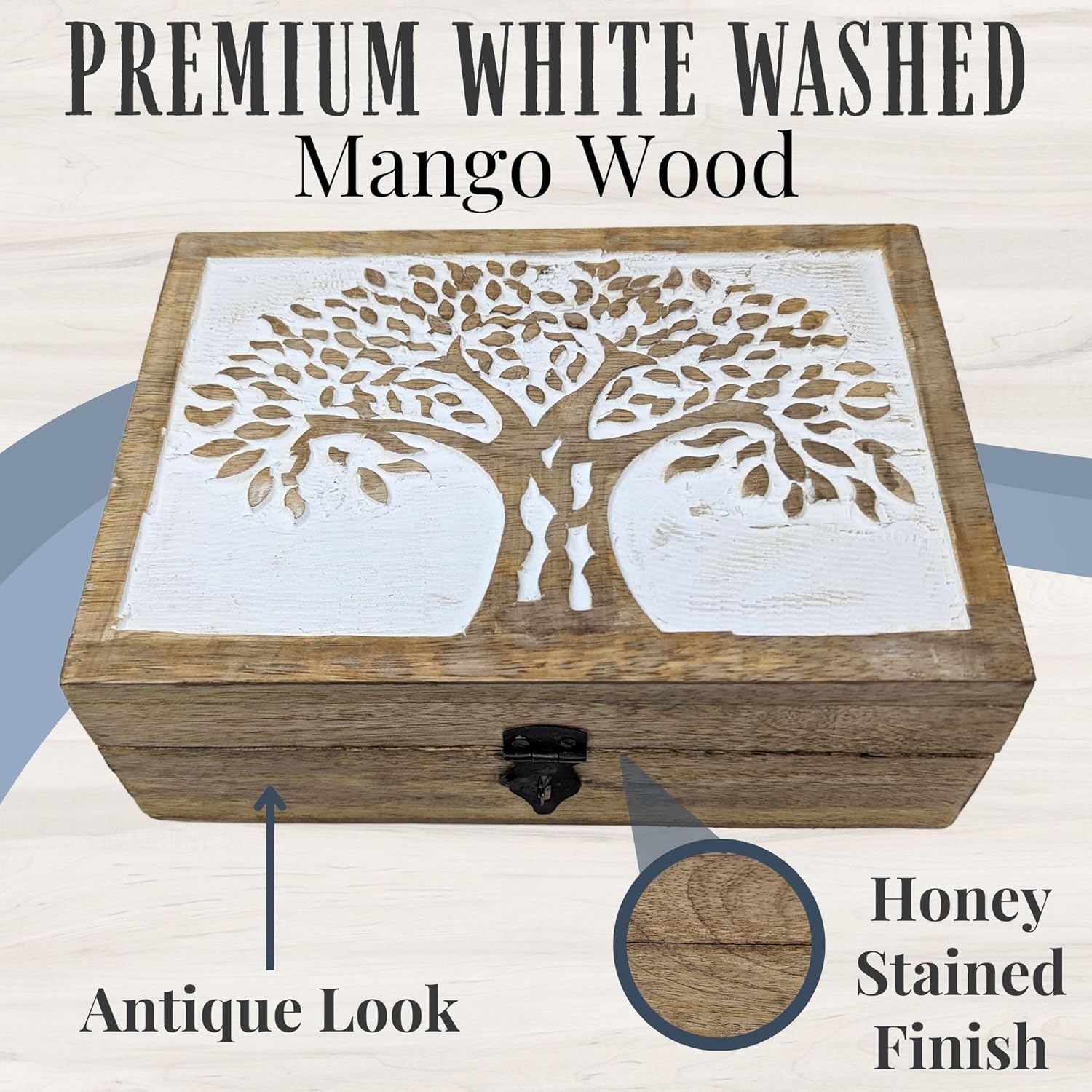 Wooden box with tree design and text describing material and finish
