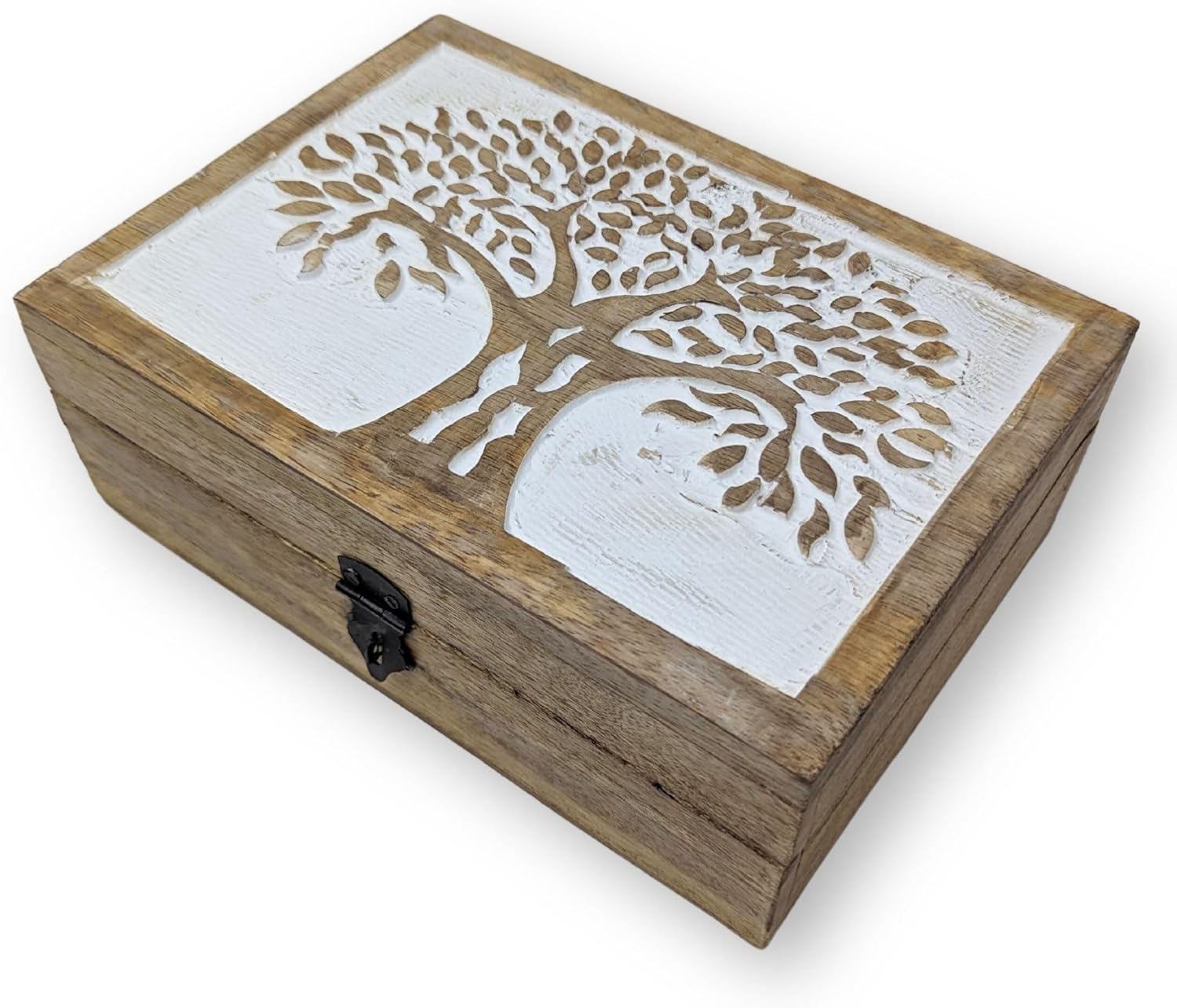 Hand carved tree of life wooden keepsake box with lid