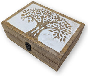 Hand carved tree of life wooden keepsake box with lid